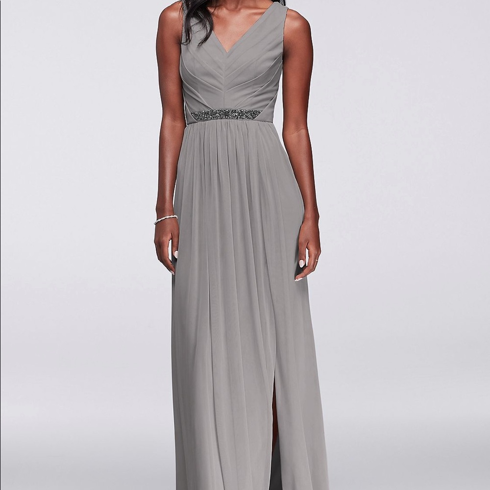 Long Mesh Dress with V-Neck and Beaded Waistband